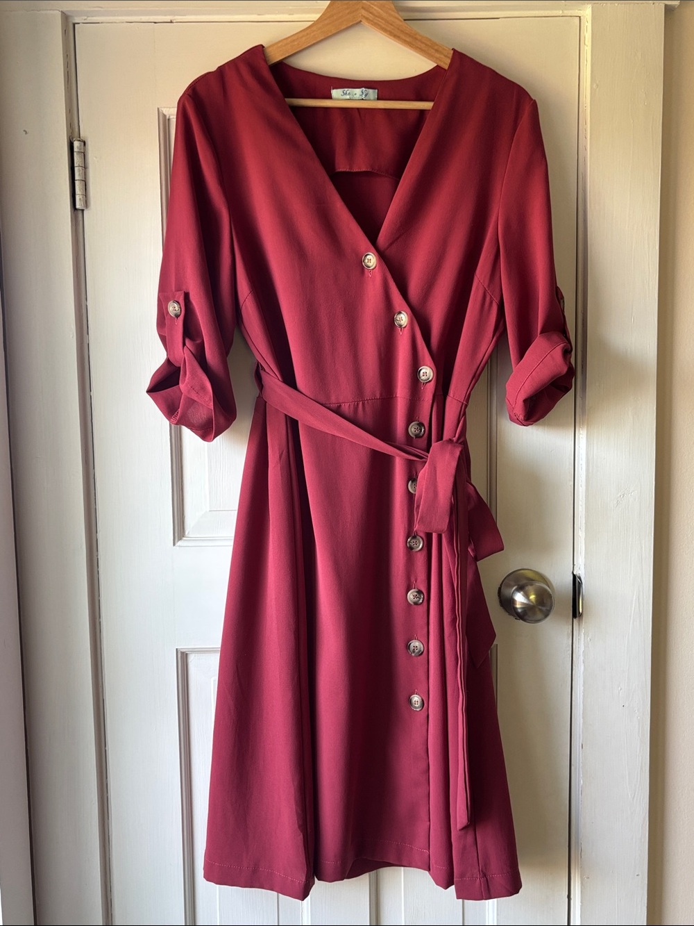 She & Sky Button Wrap Dress in Terracotta Red